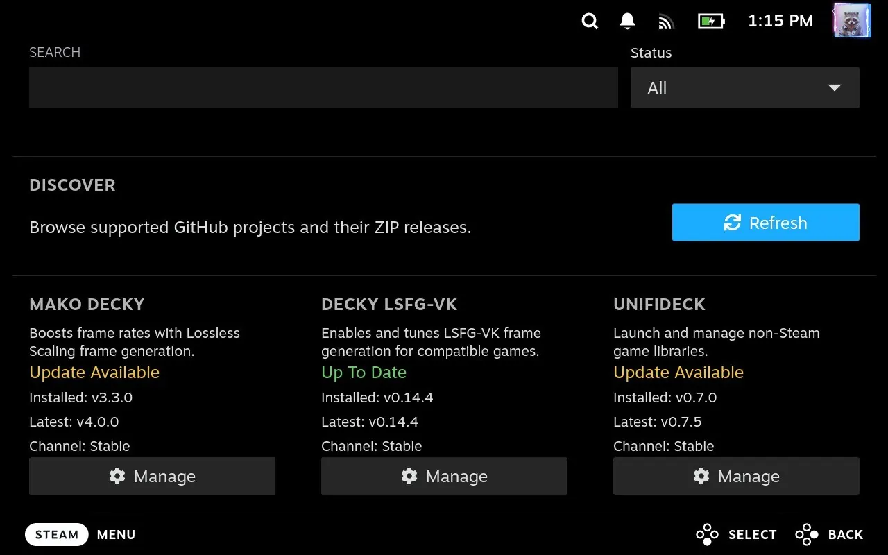 DeckyHub's Discover screen listing Steam Deck plugins with color-coded status