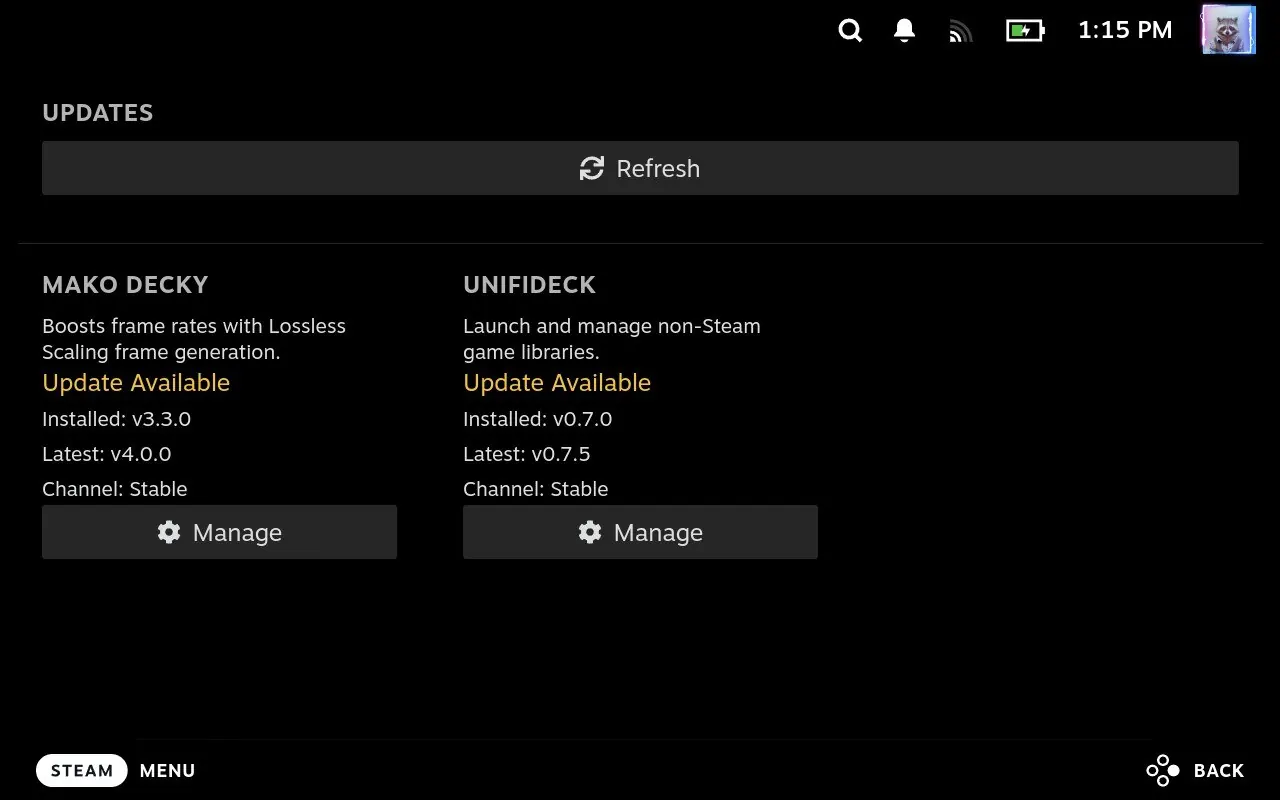DeckyHub Updates screen